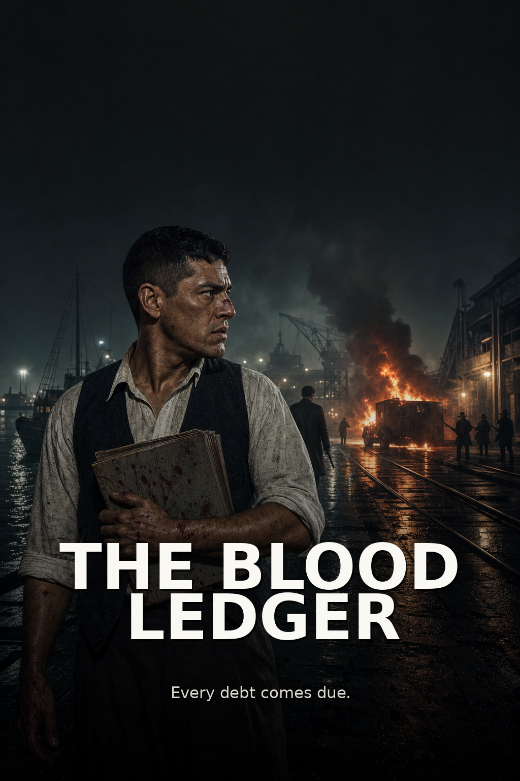 The actual generated Blood Ledger poster: a dockworker holds a ledger as a harbor burns behind him.