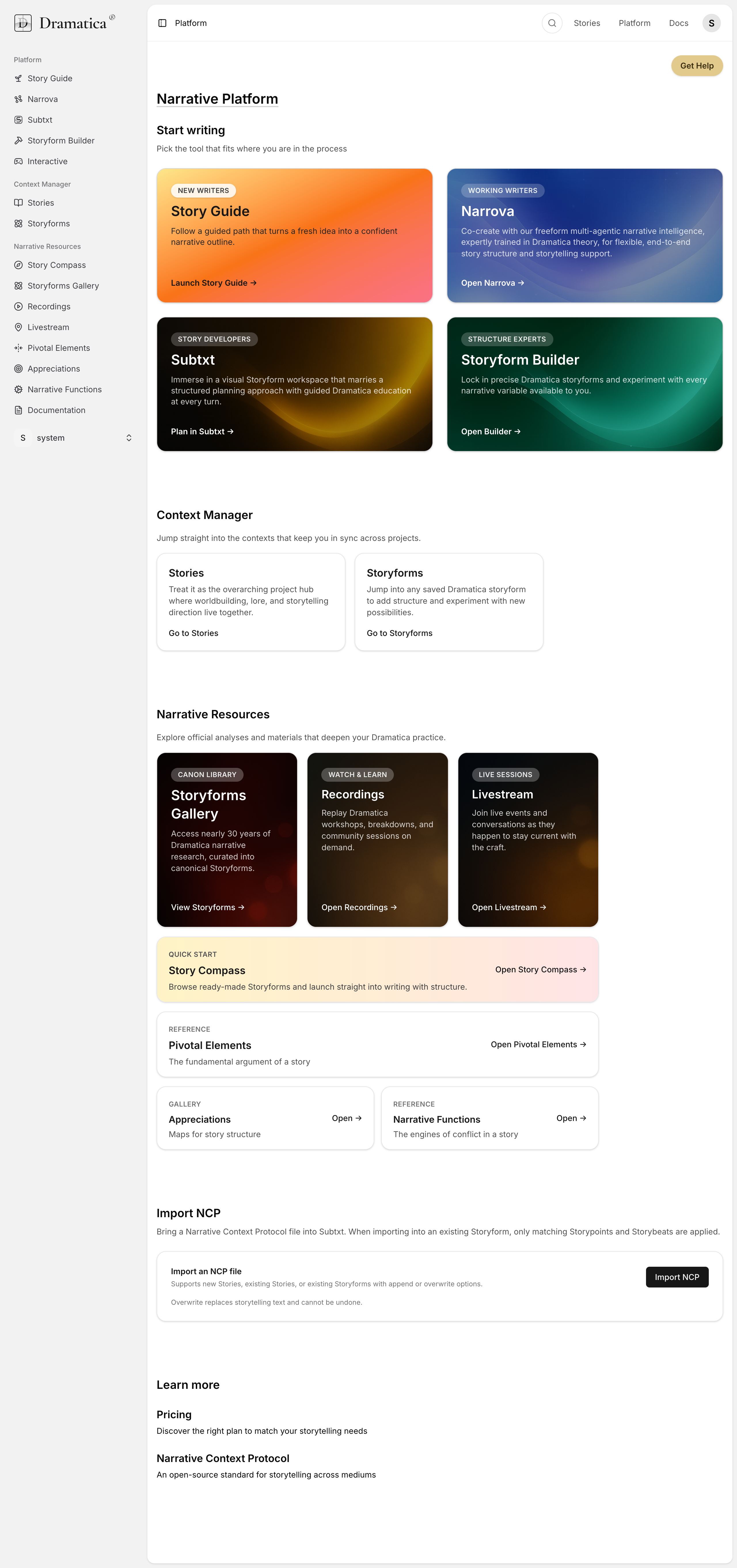 Platform dashboard index page