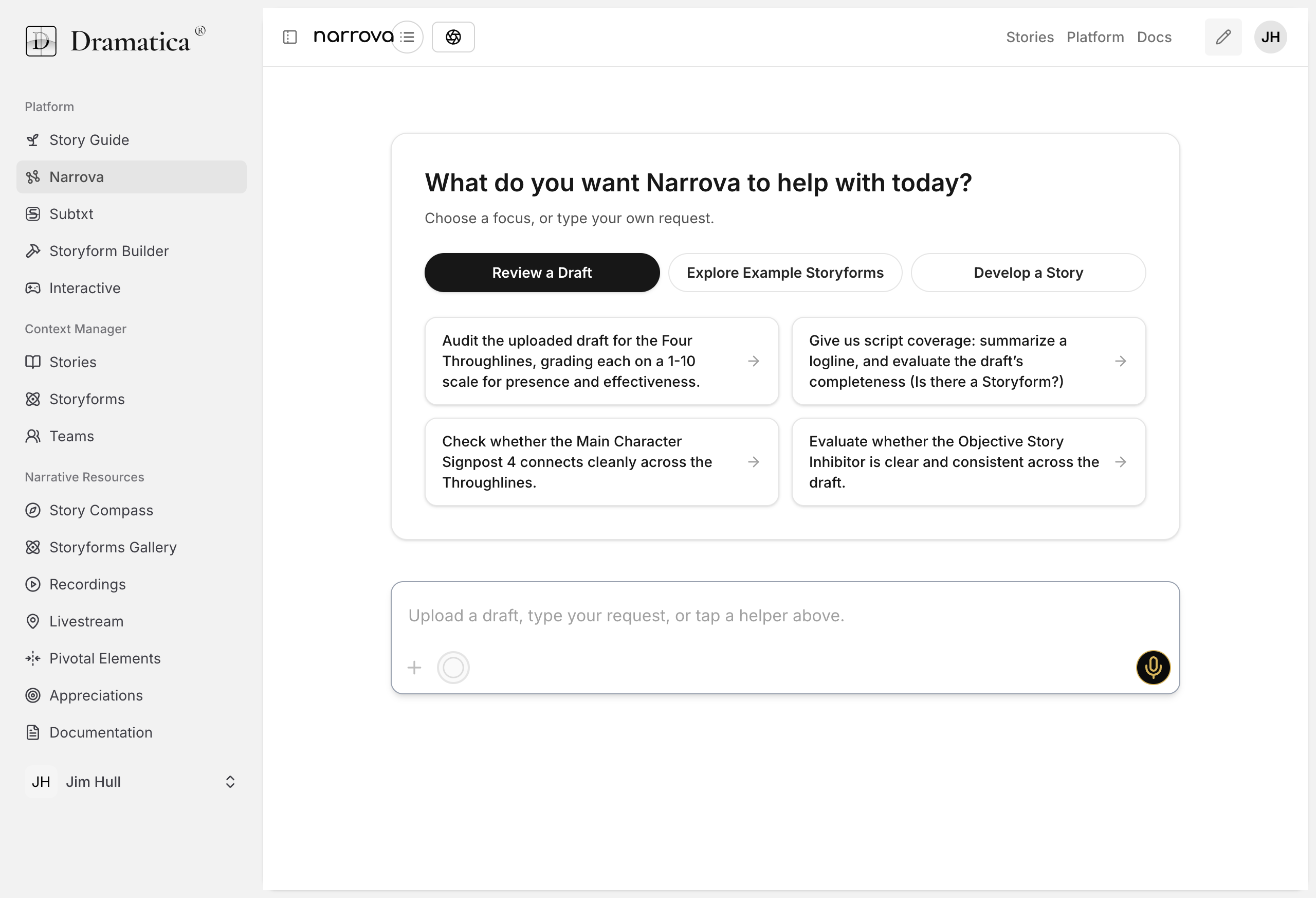 Narrova platform page