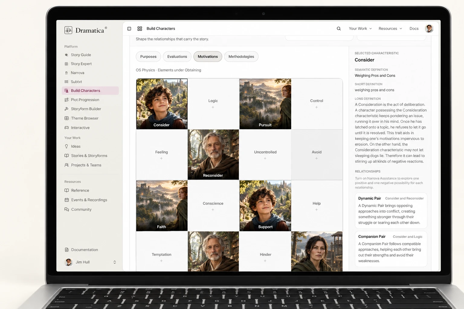 Build Characters on a MacBook, with The Last Elf Player portraits assigned to Motivations and their narrative relationships alongside.