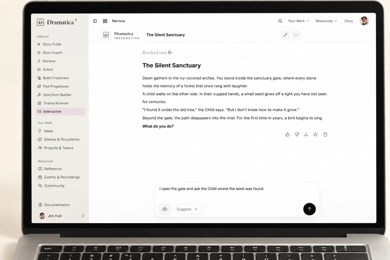 Interactive on a MacBook, with The Silent Sanctuary scene from The Last Elf and an open-ended player response.