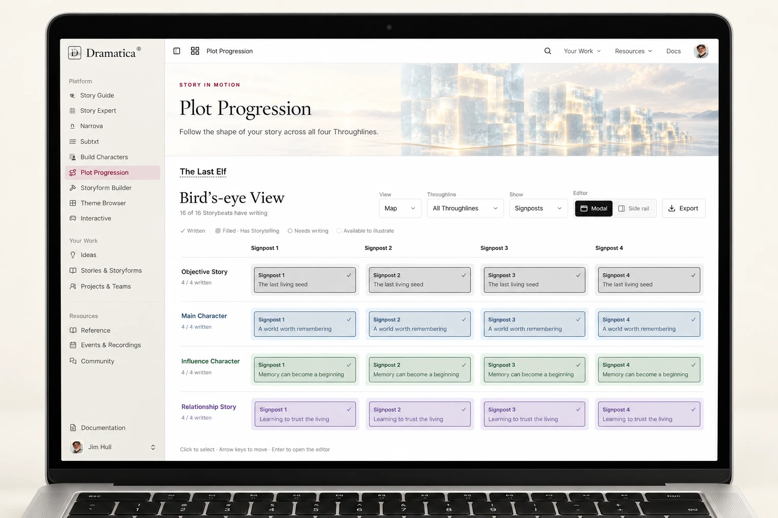 Plot Progression on a MacBook, showing the four Throughlines and their Storybeats across the story.