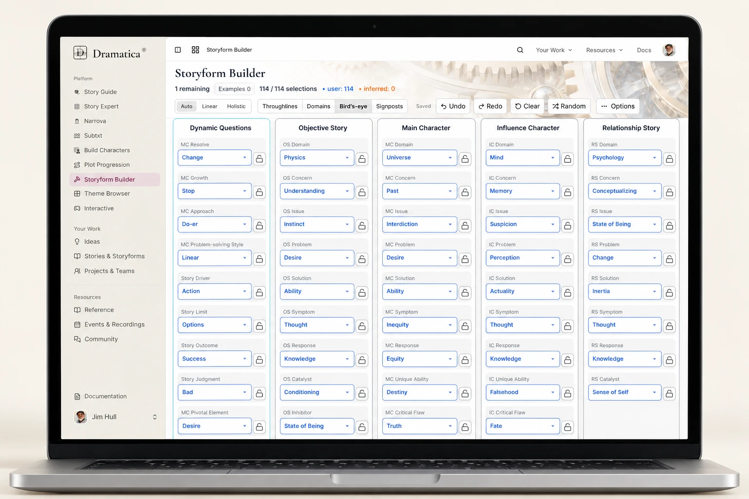 Storyform Builder showing connected structural choices across the four Throughlines.