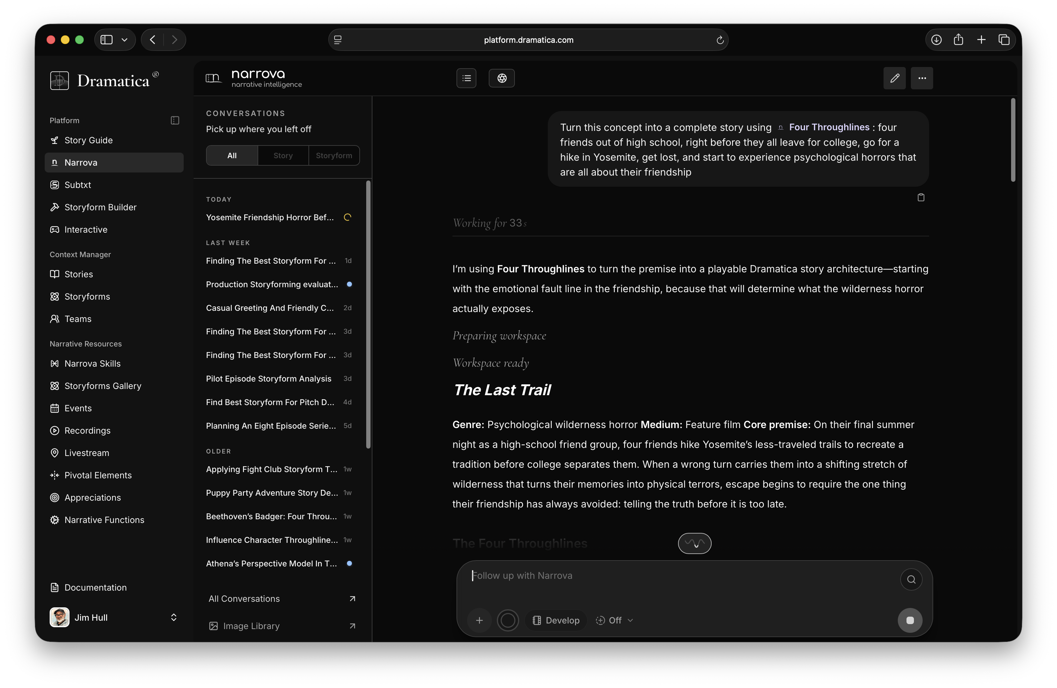 Narrova in a story-development conversation with a writer