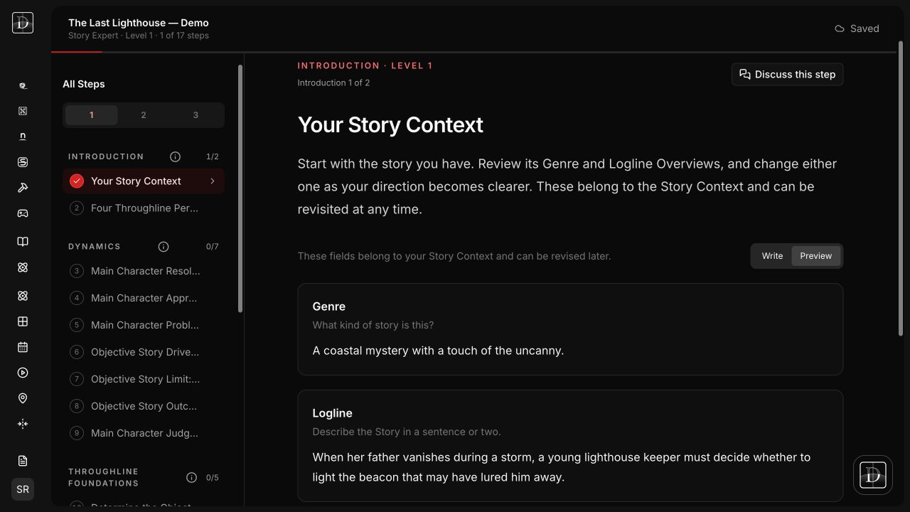 Dramatica Story Expert showing a demo Story Context and its guided Storyforming steps