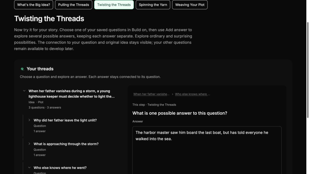 Dramatica Story Guide showing connected ideas, questions, and answers in a writing workbook