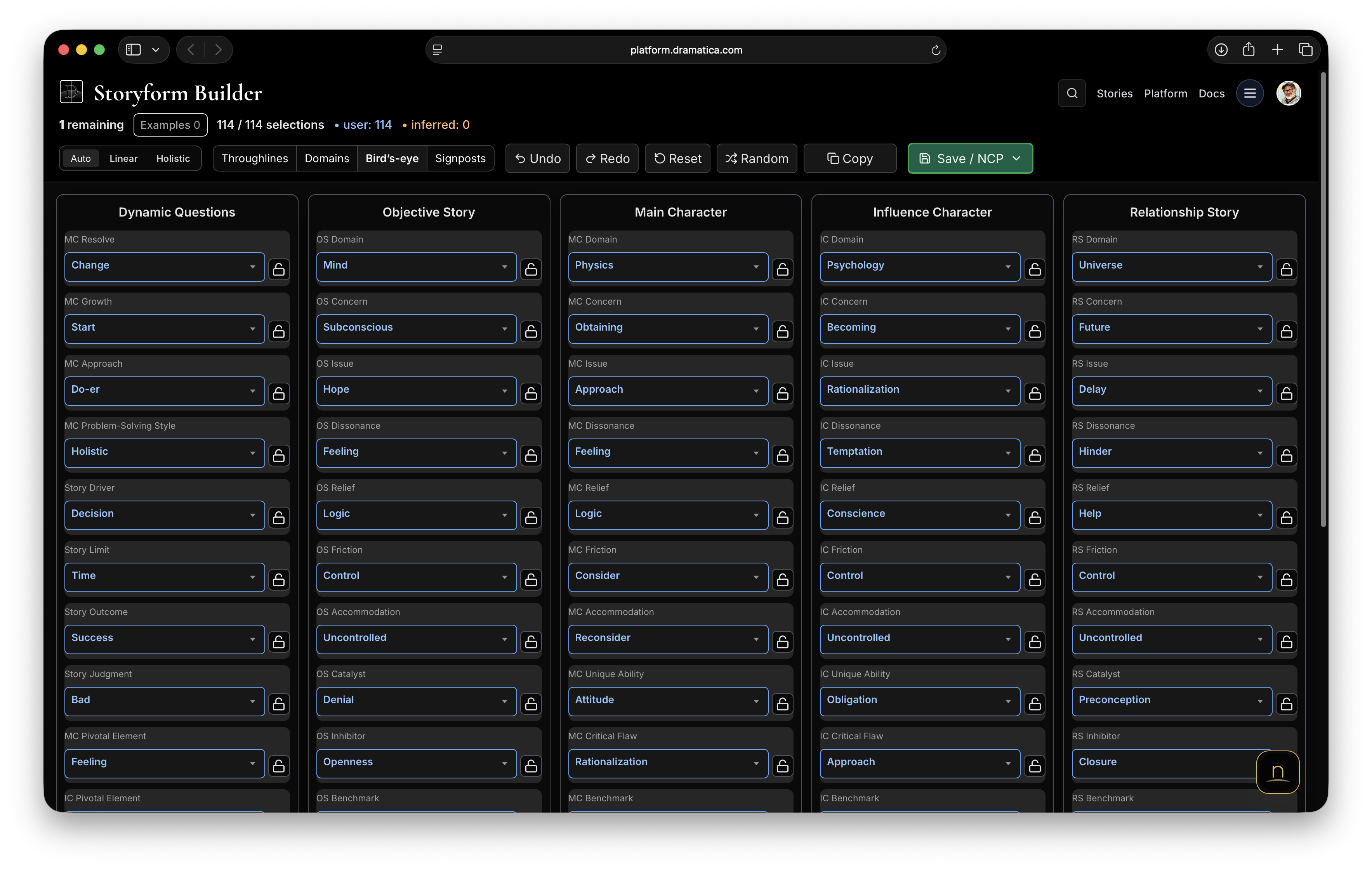 Storyform Builder showing the connected structural choices in a complete story