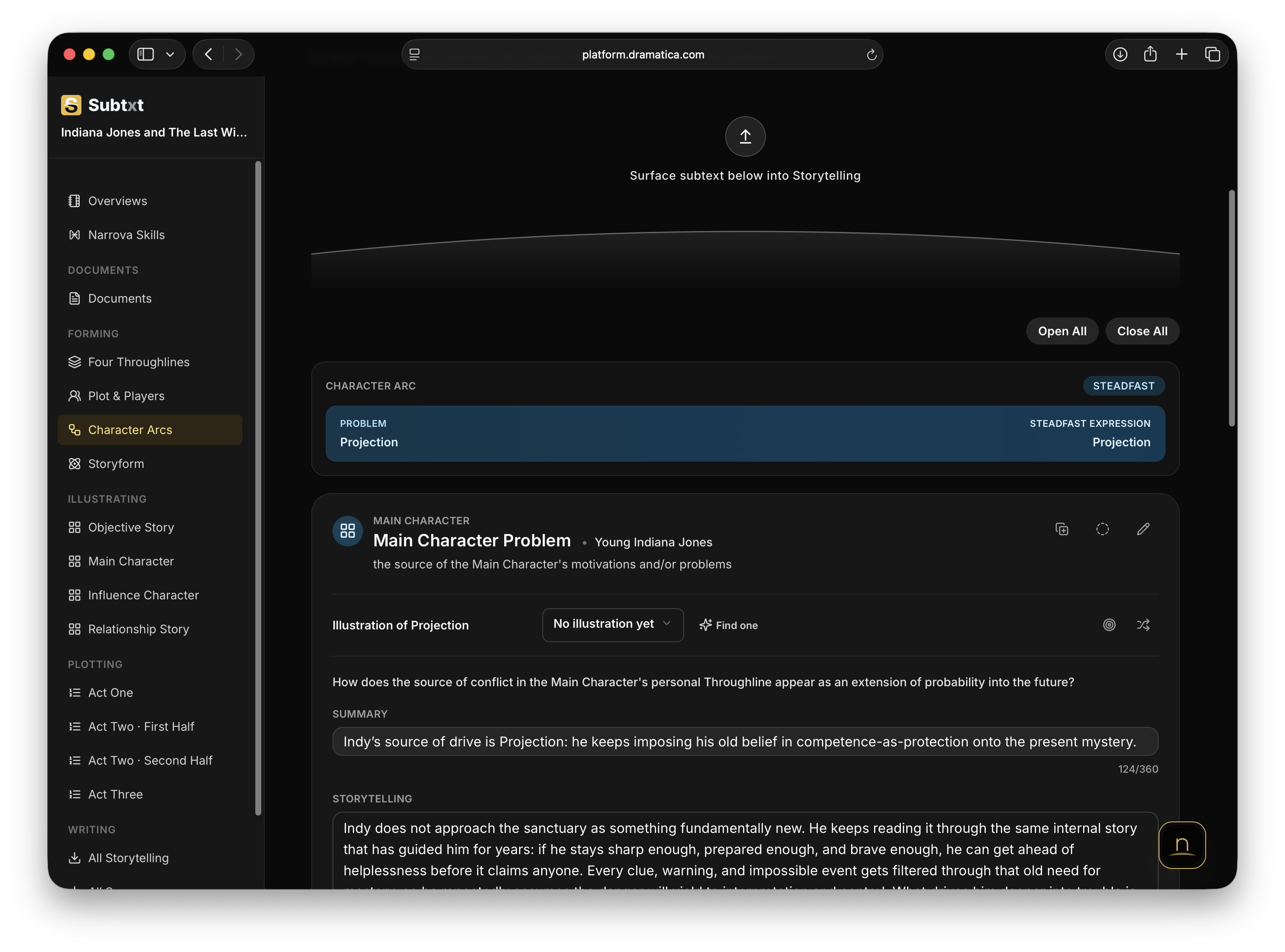 Subtxt developing a Main Character arc within a story